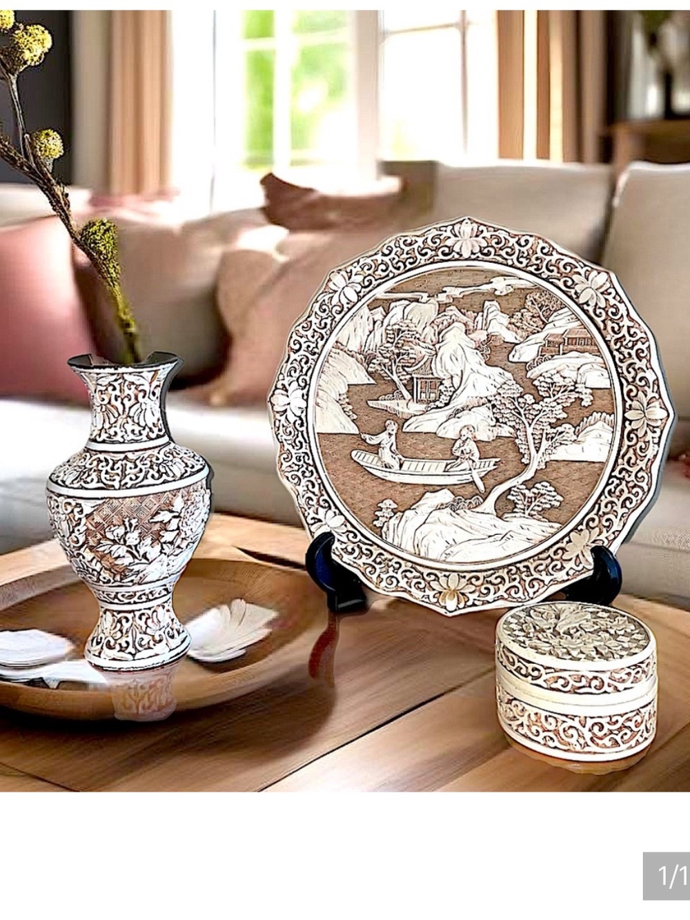 Vintage 1982- Ivory Dynasty 3 piece Matching Set. Vase, Trinket Box & Plate. - Picture 2 of 14
